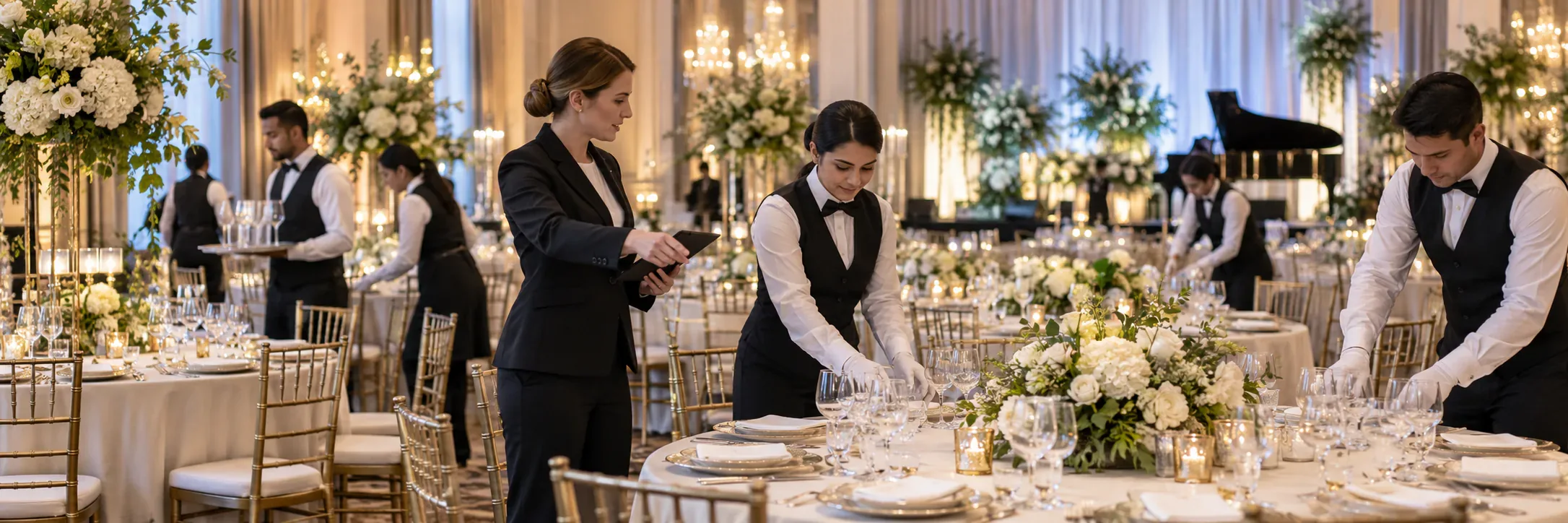 Event staffing crew setting up a banquet venue, placed by Ad-Vance, a national hospitality staffing agency