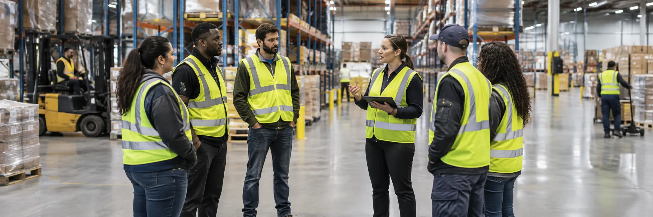 Warehouse staffing agency shift team briefing in a Florida warehouse
