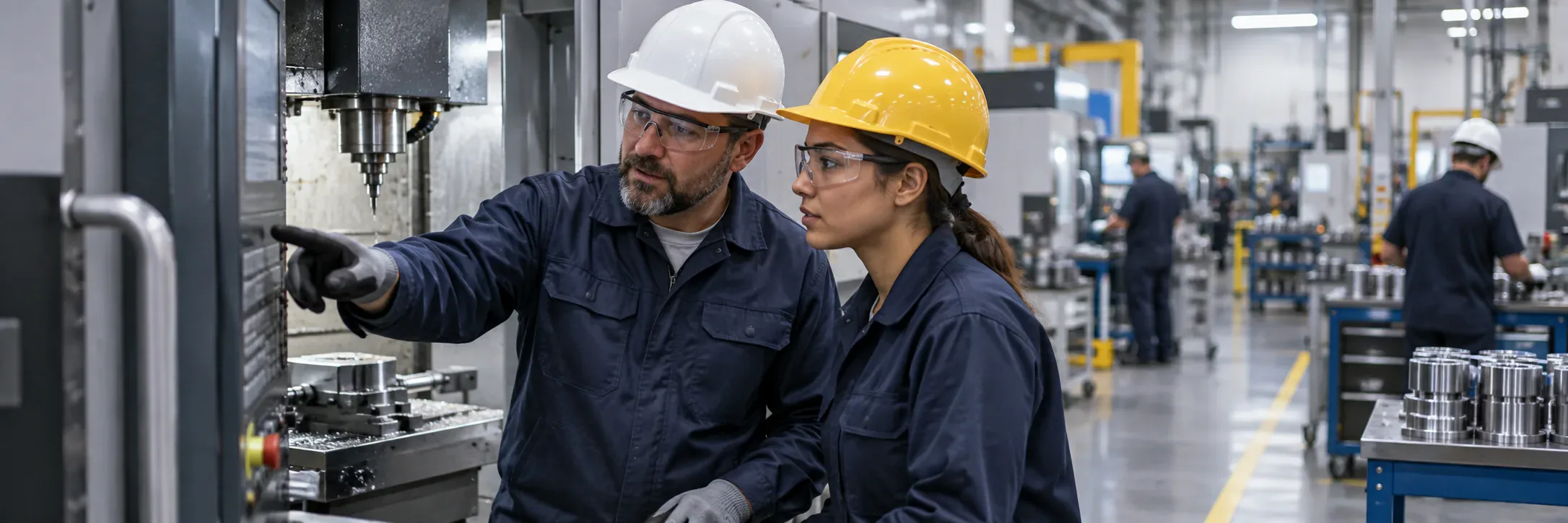 CNC machine operators on a production floor, placed by Ad-Vance, a national manufacturing staffing agency