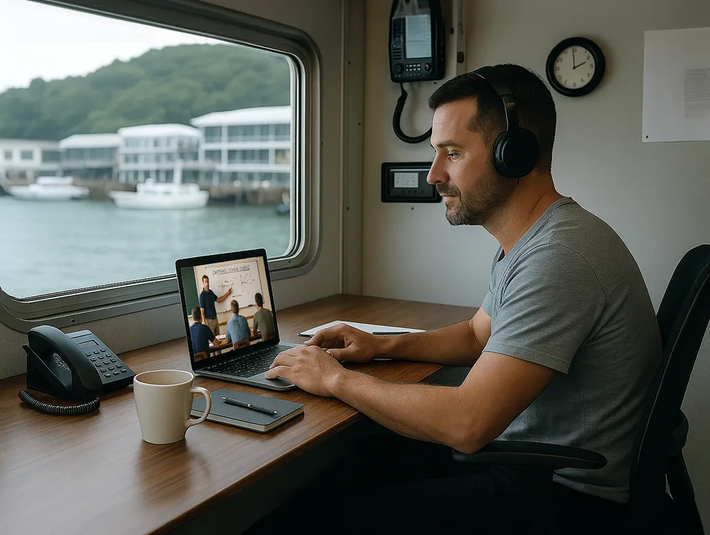 A person sitting in front of a laptop and looking at Sea School course