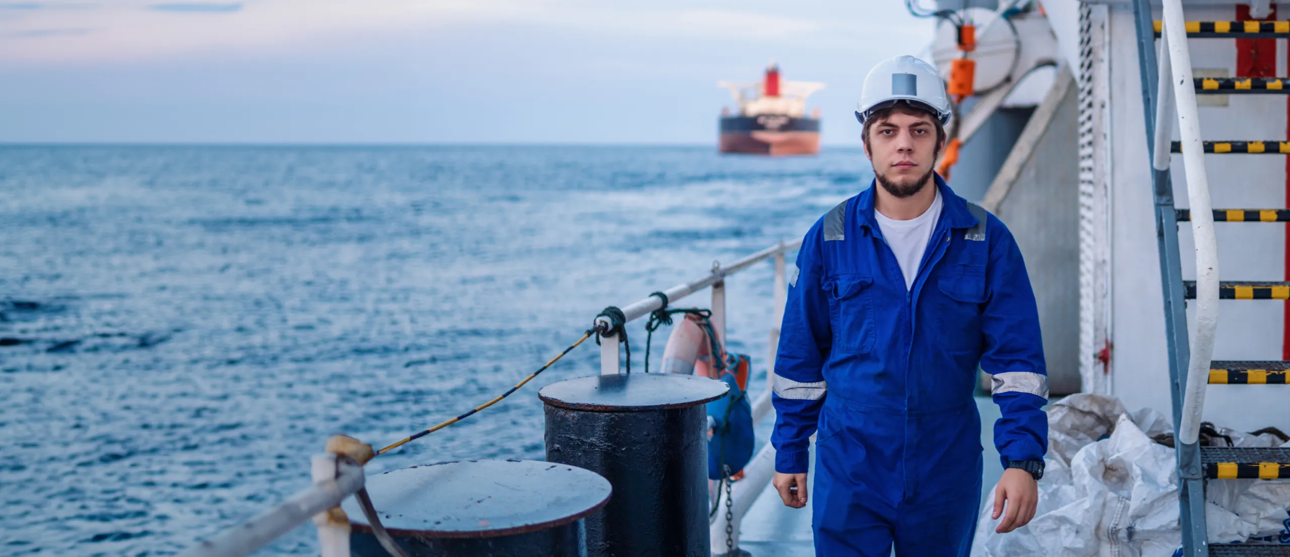 Person in safety gear walking ot a ships deck