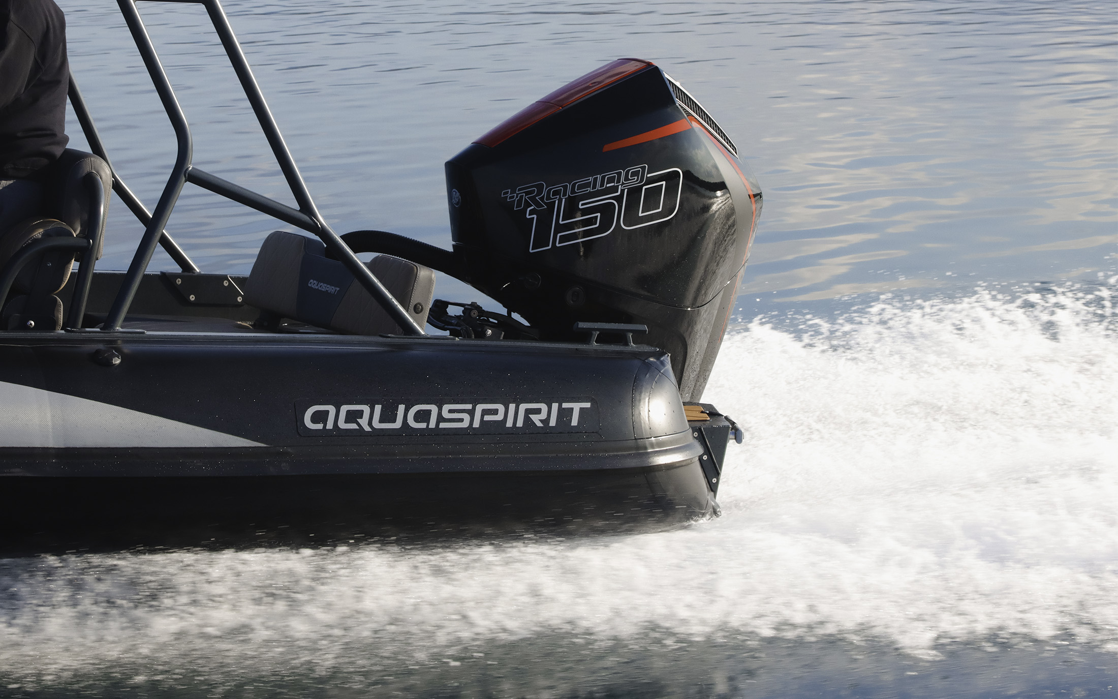 s585 rib boat is racing across the ocean. trough the water with Mercury Racing 150R Outboard engine, Greece coast