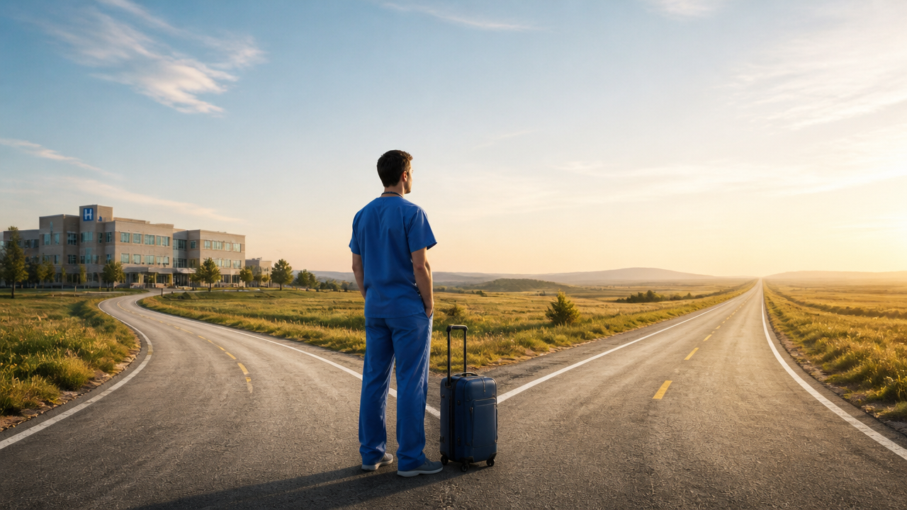 Perfusionist with luggage choosing between hospital and travel.