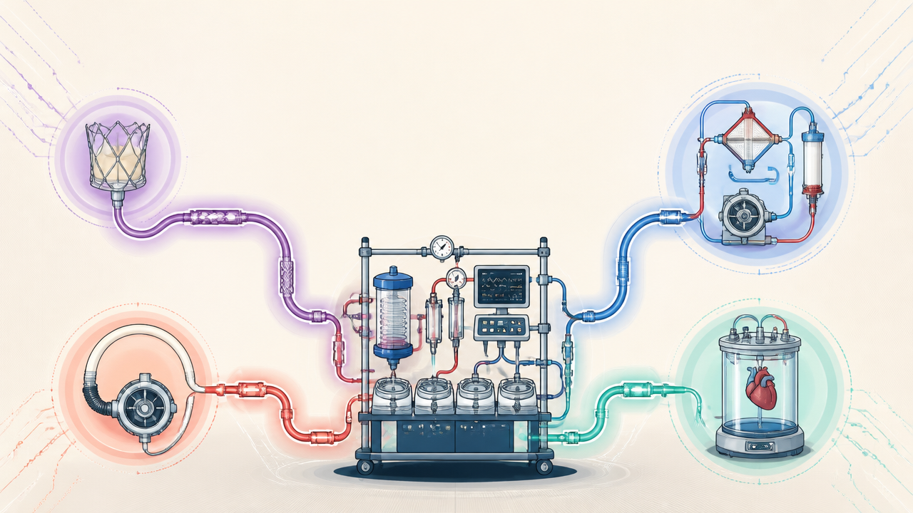 Illustration of a heart-lung bypass machine at the center, connected by color-coded tubing to several cardiovascular devices, including pumps, filters, and a heart chamber, representing perfusion technology and cardiac support.