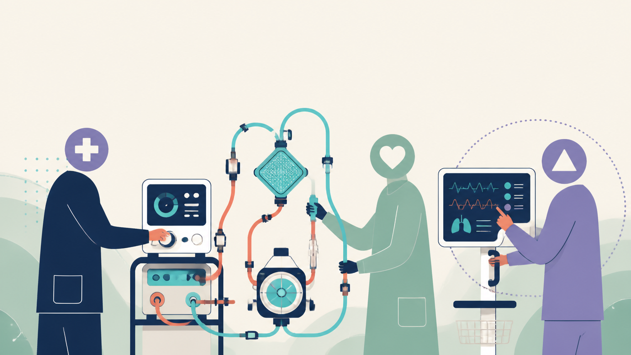 Illustration of perfusion professionals operating extracorporeal circulation equipment and monitoring patient data during cardiac care.