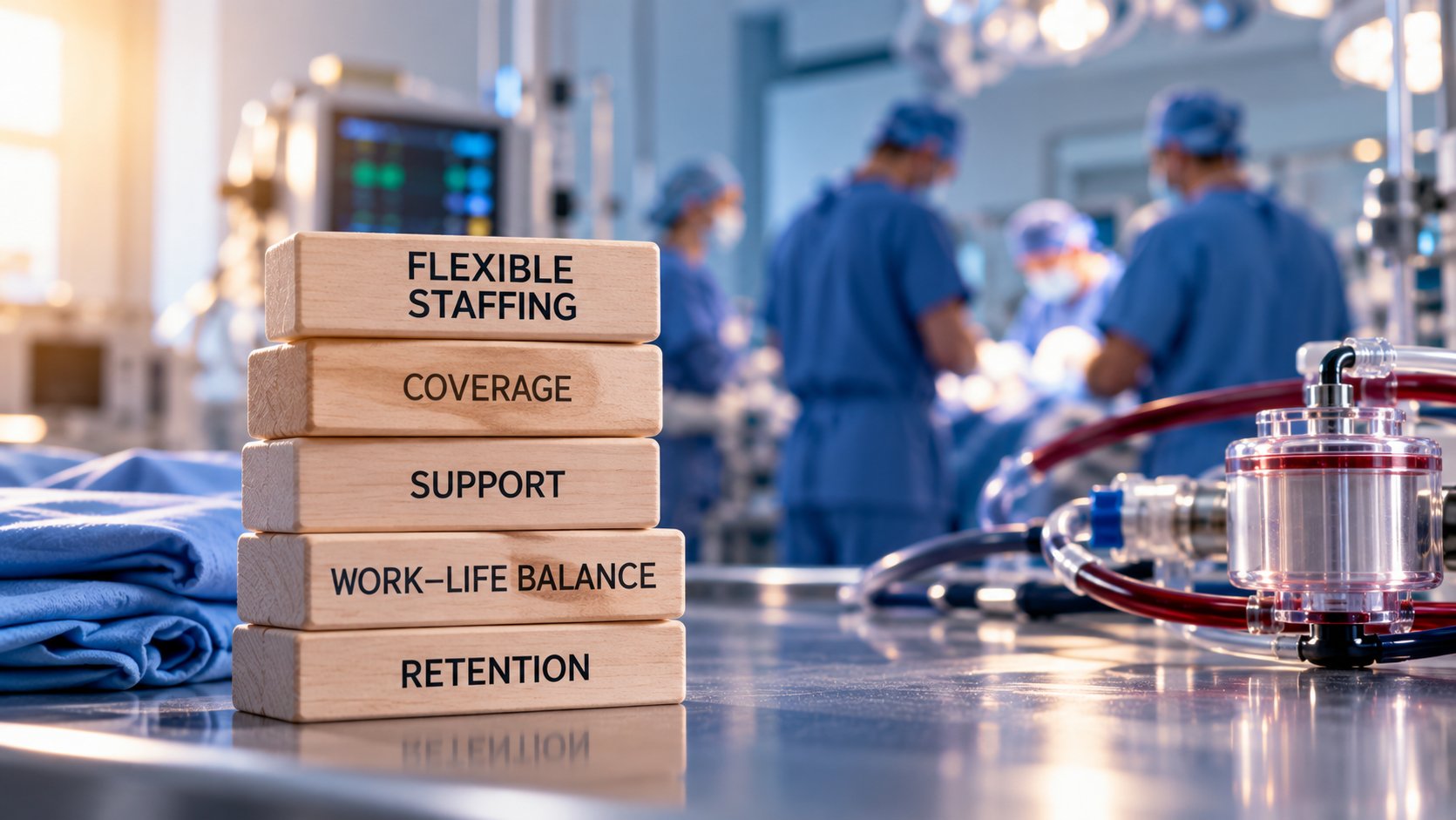 Wooden blocks labeled “Flexible Staffing,” “Coverage,” “Support,” “Work-Life Balance,” and “Retention” sit in the foreground of a hospital operating room, with a surgical team and perfusion equipment blurred in the background.