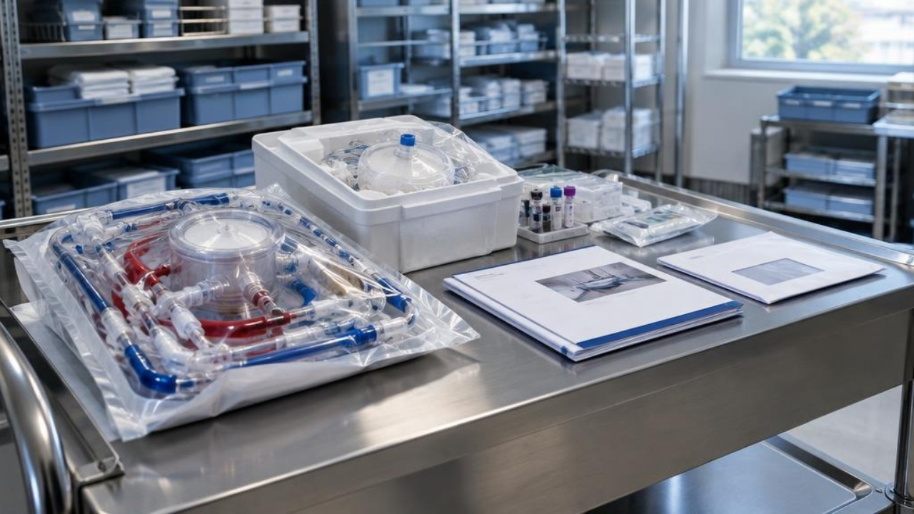 Perfusion equipment, documents, and access materials are organized for a travel perfusionist's arrival.