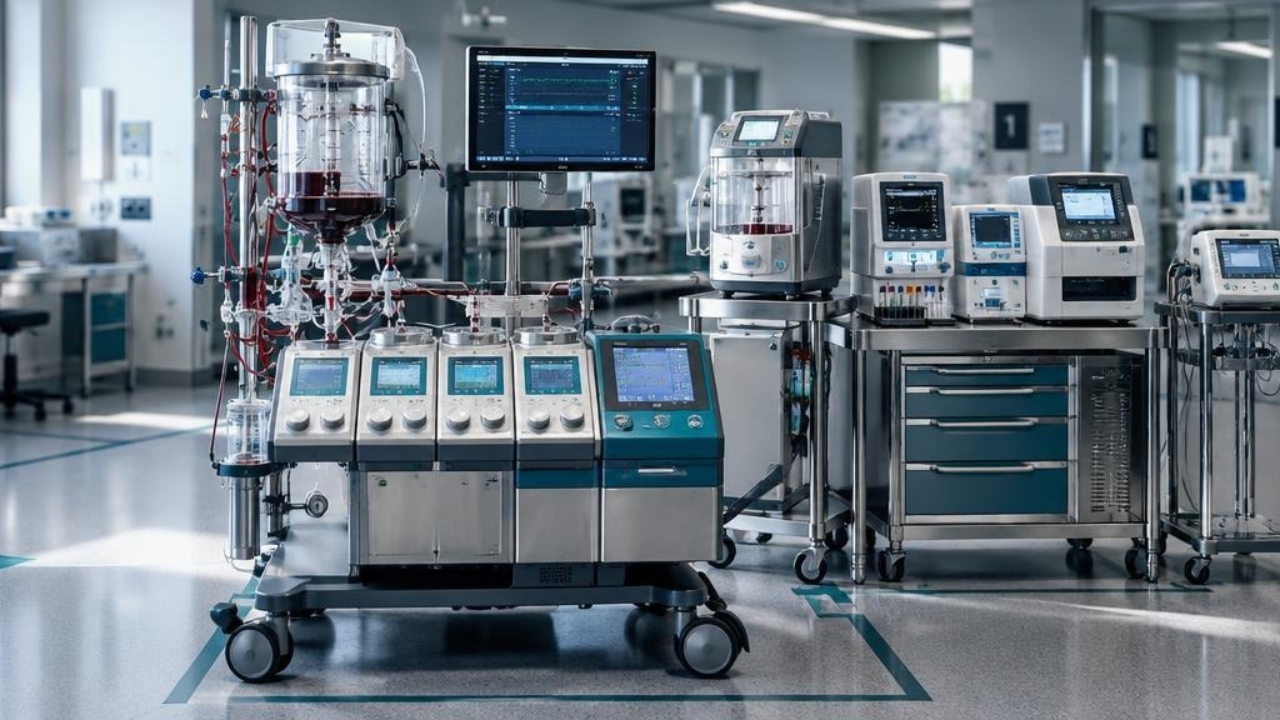 A perfusion workstation displays labeled equipment, testing devices, and electronic documentation tools.