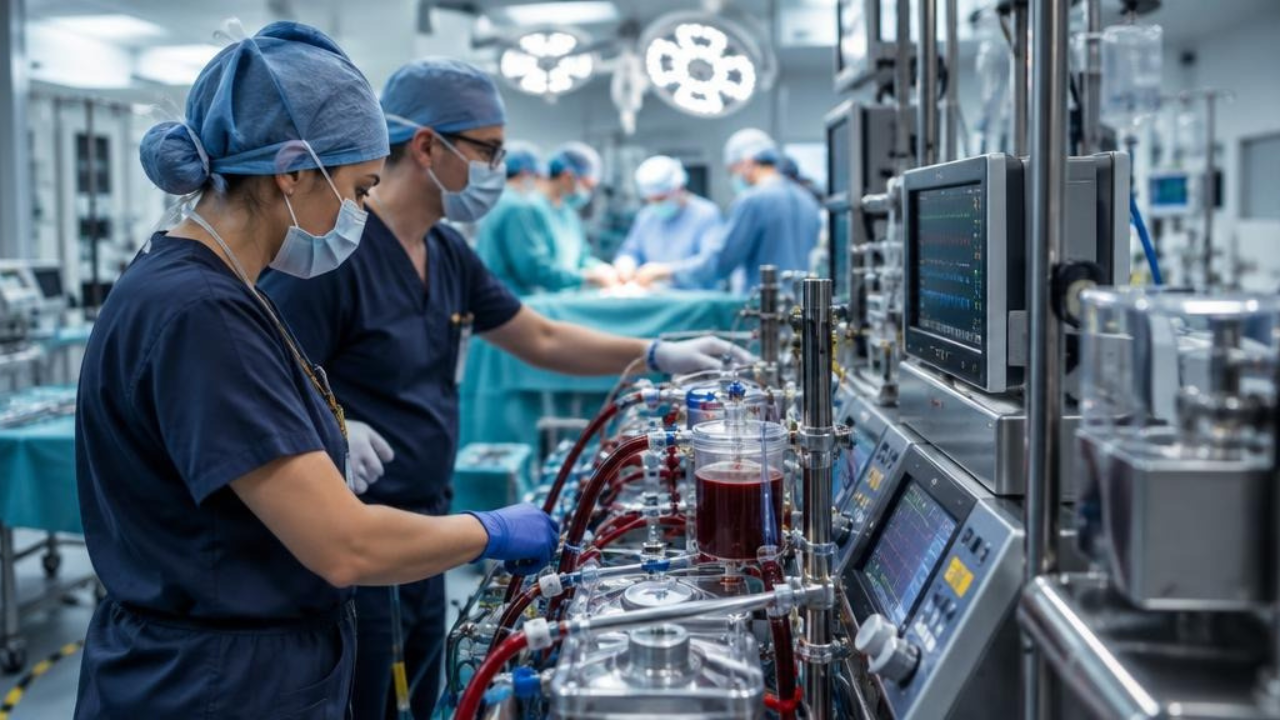 Two perfusionists work together at a heart-lung machine during a paired cardiac surgery case.