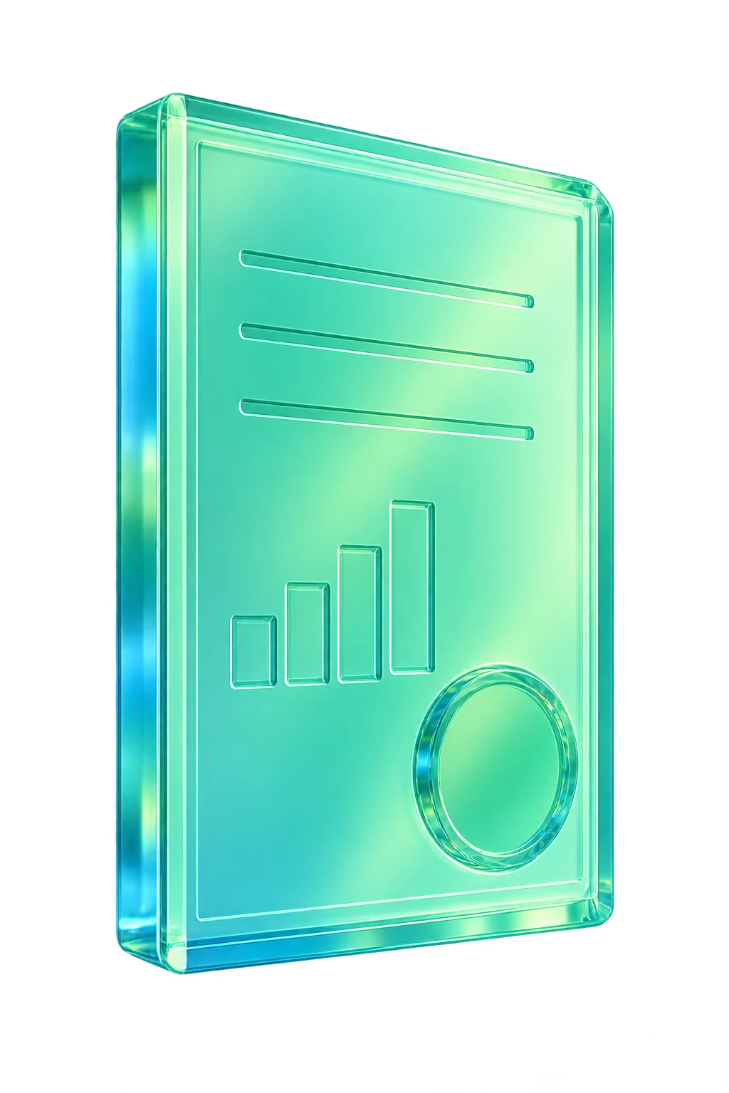 Glass token share certificate with a rising bar chart and an inset token