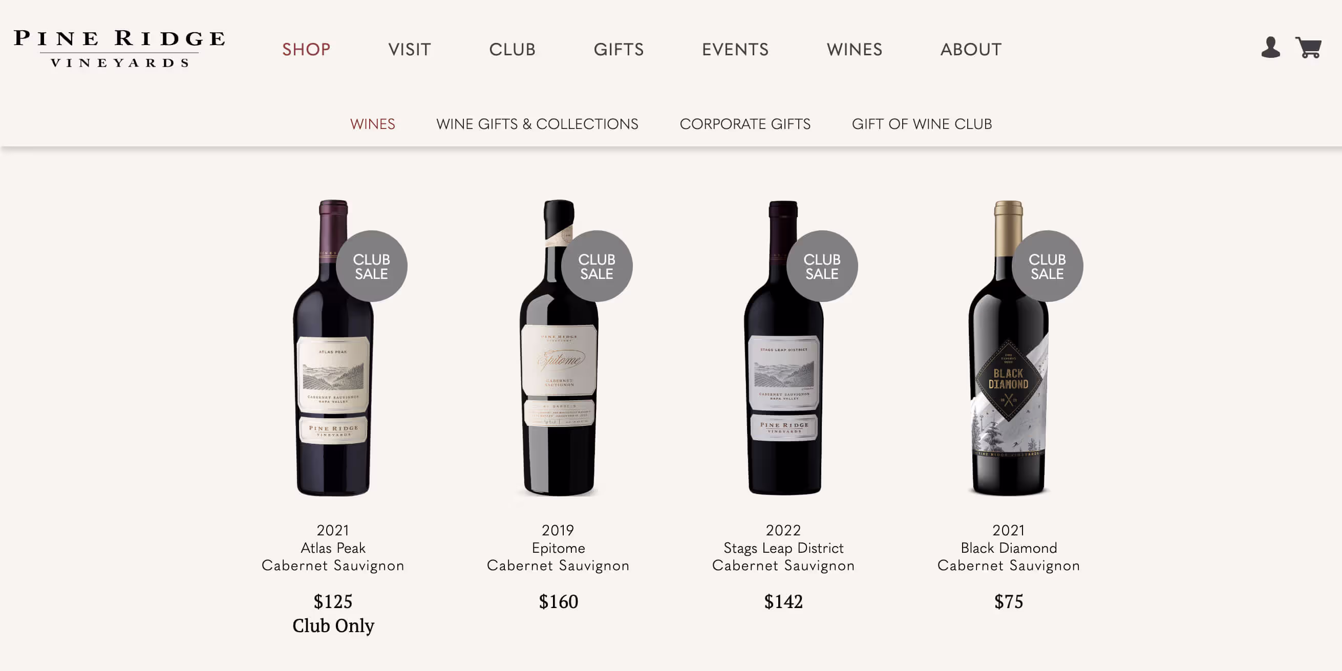 Pine Ridge Vineyards website shop