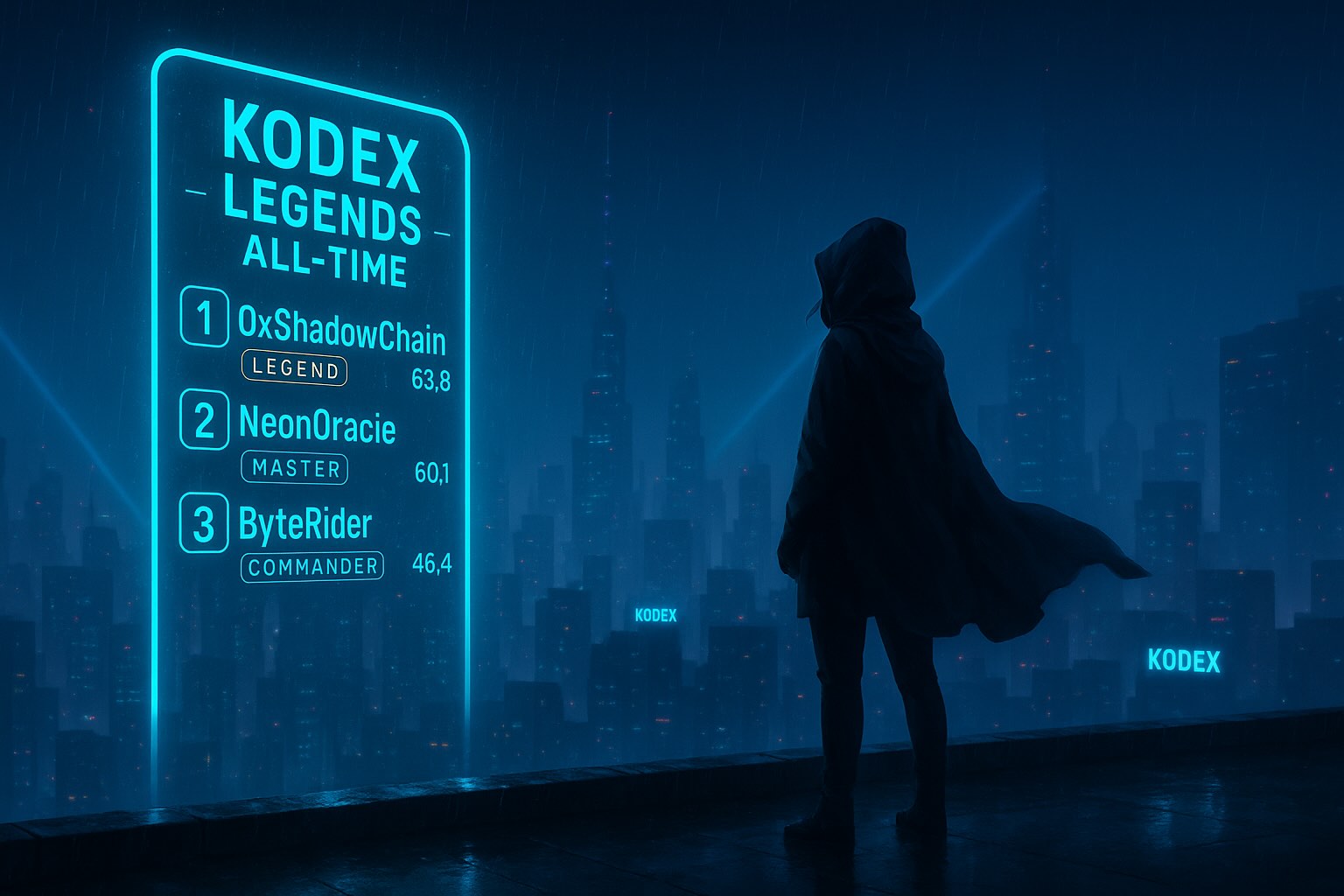 Silhouetted figure with a hooded cloak stands on a rooftop overlooking a futuristic cityscape with a glowing leaderboard titled 'KODEX LEGENDS ALL-TIME'.