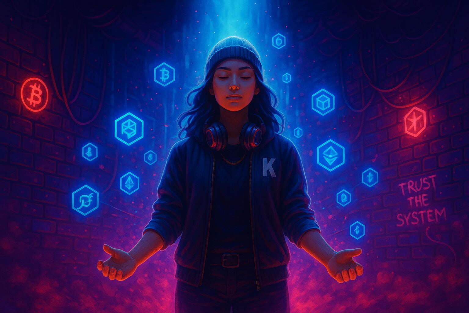 Person with closed eyes and headphones surrounded by glowing cryptocurrency icons and the words ‘Trust the System’ on a brick wall.