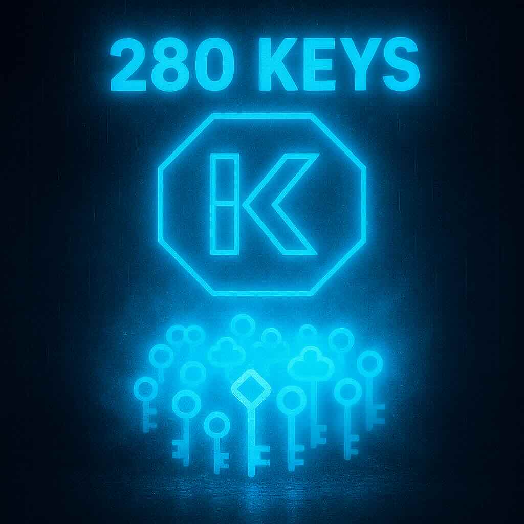 Glowing blue neon sign with text '280 KEYS', a stylized 'K' inside an octagon, and multiple old-fashioned keys below.