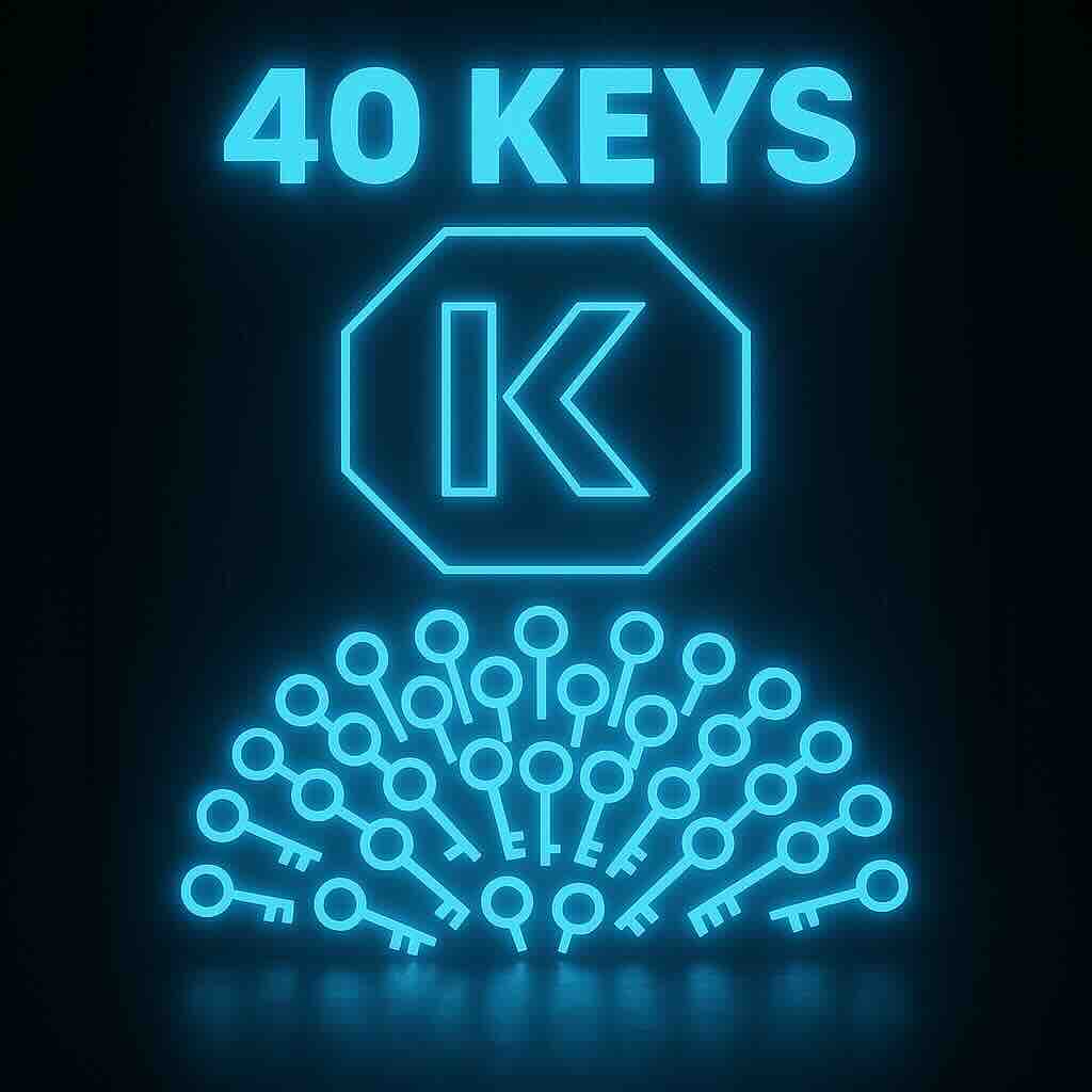 Blue neon sign displaying '40 KEYS' above a stylized 'K' inside an octagon and a fan of 40 small key icons.