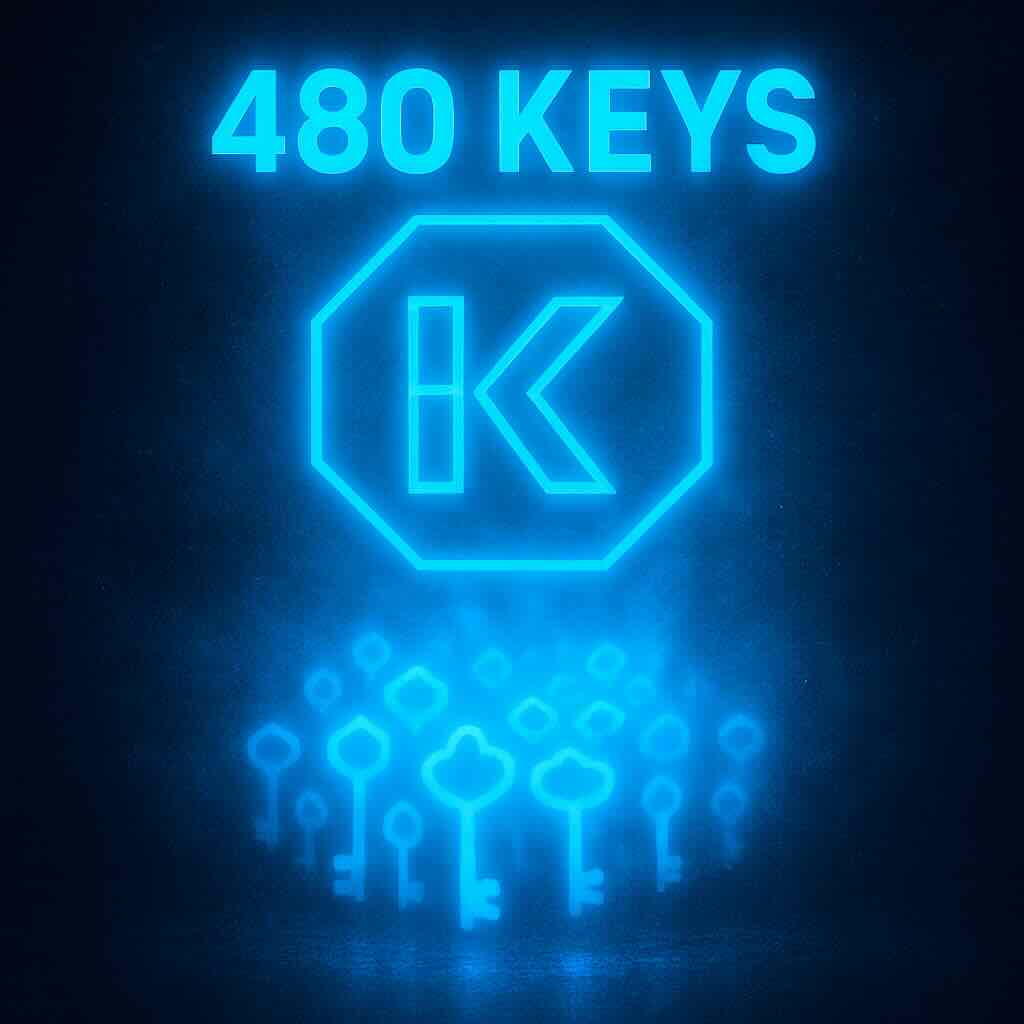 Glowing blue neon sign with text '480 KEYS' above a stylized octagonal logo and an array of abstract key shapes below.