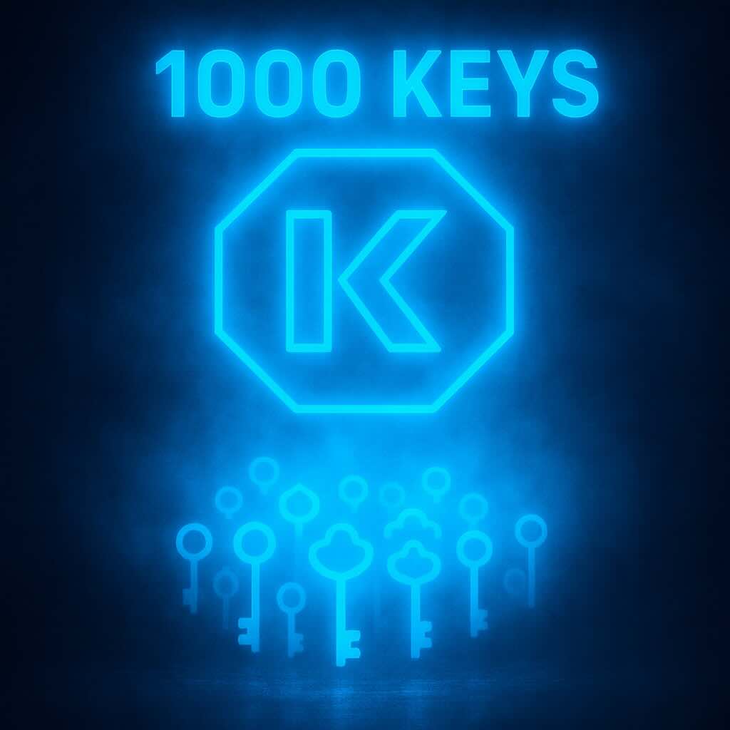 Glowing blue neon sign with text '1000 KEYS', a stylized 'K' inside an octagonal border, and several vintage keys below.