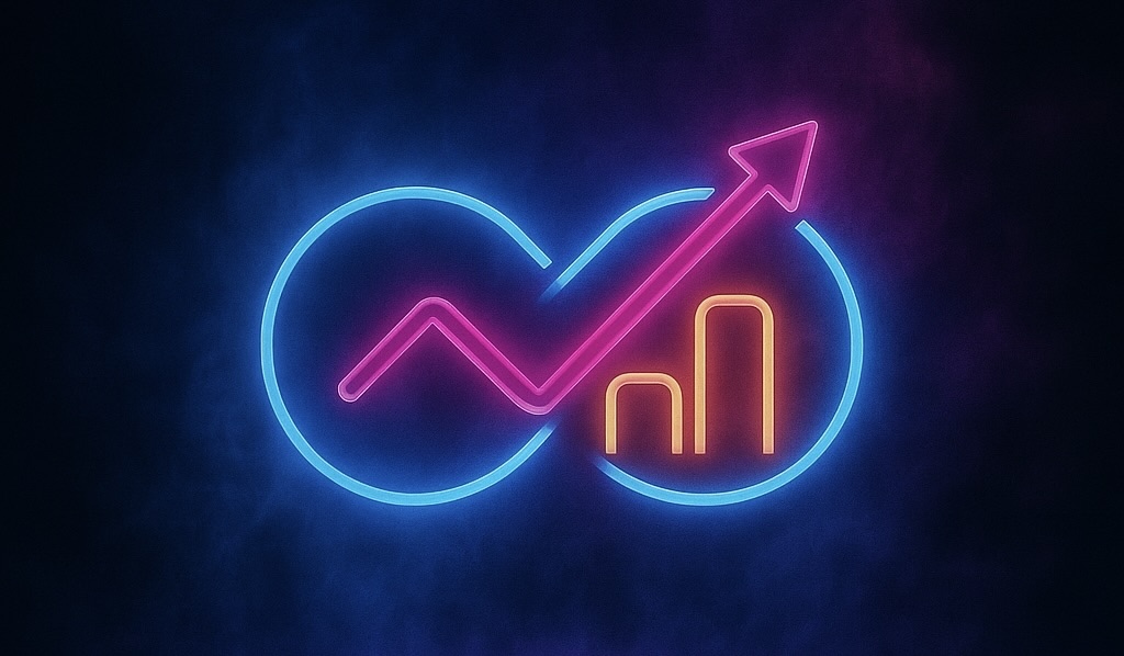 Neon infinity symbol with a rising arrow and bar chart inside glowing blue and pink lines on a dark background.
