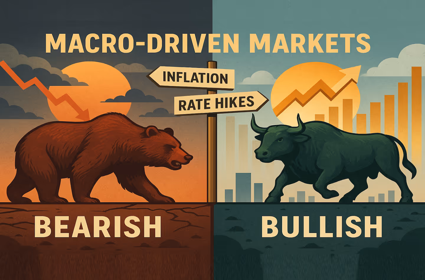 A striking digital illustration depicting a split-screen contrast between a red bear and a green bull, symbolising bearish and bullish market sentiment. A signpost in the centre points to “Inflation” and “Rate Hikes,” highlighting macroeconomic forces driving financial markets. Ideal visual for articles on market volatility, investor psychology, or economic outlooks.