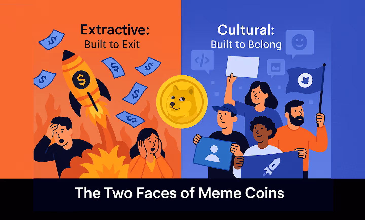 A split-screen illustration contrasting two meme coin archetypes. Left side: Rug pull meme coin (e.g., rocket crashing, money flying out, shocked holders) Label: “Extractive: Built to Exit” Right side: Thriving meme coin community (e.g., people with banners, digital culture symbols, code and memes overlapping) Label: “Cultural: Built to Belong” Title Caption: “The Two Faces of Meme Coins”