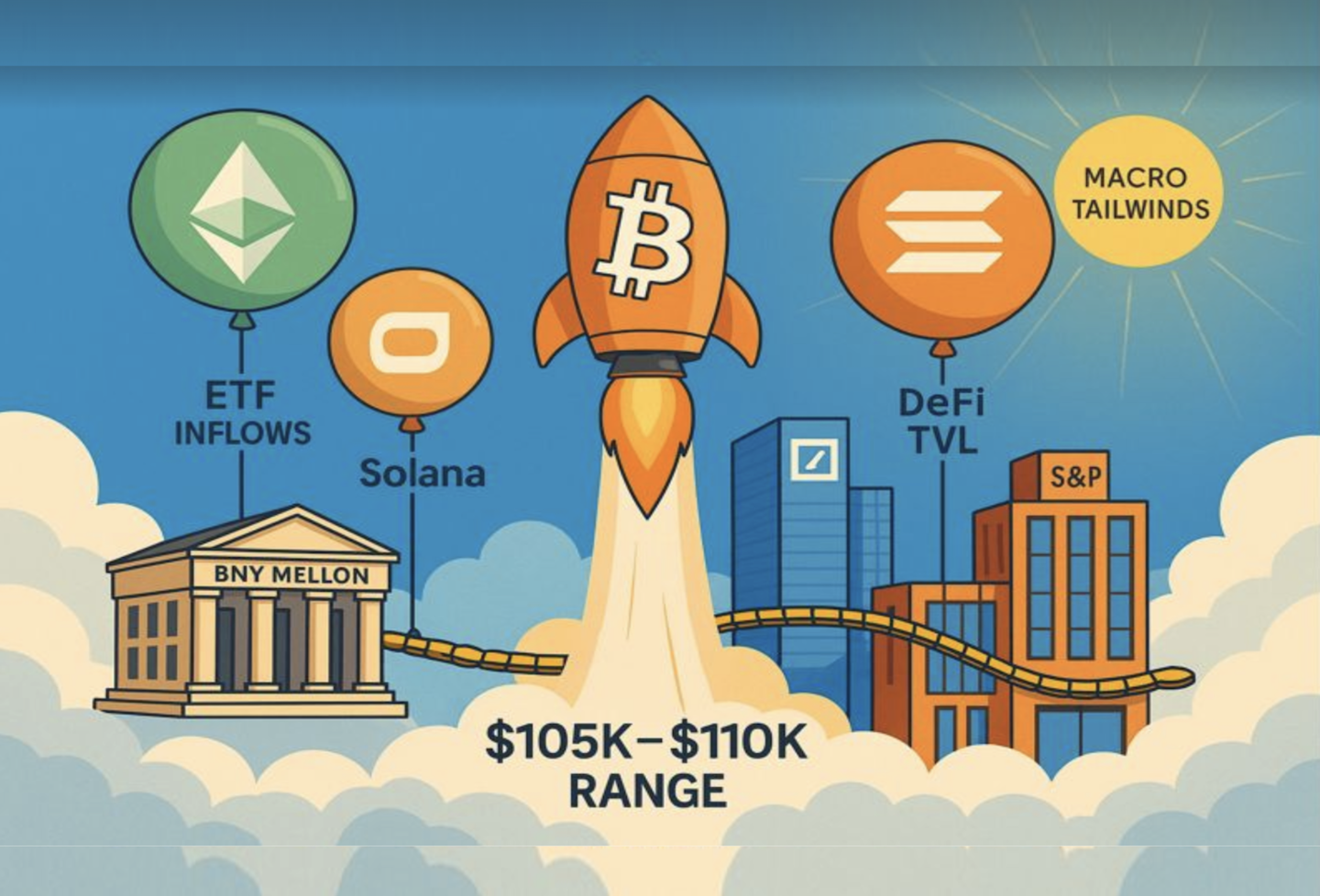 A stylized scene of a rocket-shaped Bitcoin soaring into a clear blue sky above clouds marked “$105K–$110K range,” symbolizing the breakout. Below, Ethereum and Solana balloons rise alongside, each tethered to elements like “ETF inflows” and “DeFi TVL.” Floating in the background are buildings labeled with TradFi names like "BNY Mellon," "Deutsche Bank," and "S&P," connected to the sky by tokenized bridges. A rising sun labeled “Macro Tailwinds” could cast light over the entire scene, reinforcing the sense of a new chapter