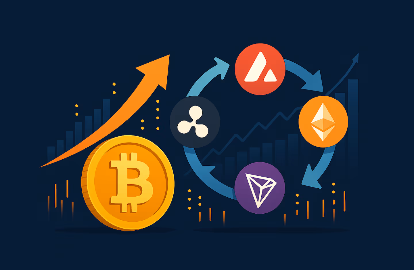 A 2D digital illustration symbolizing crypto market rotation, featuring coins like Bitcoin, Ethereum, XRP, TRON, and Avalanche shifting positions on a stylized circular track. The image reflects changing market leadership with vibrant, dynamic lighting and a sense of motion