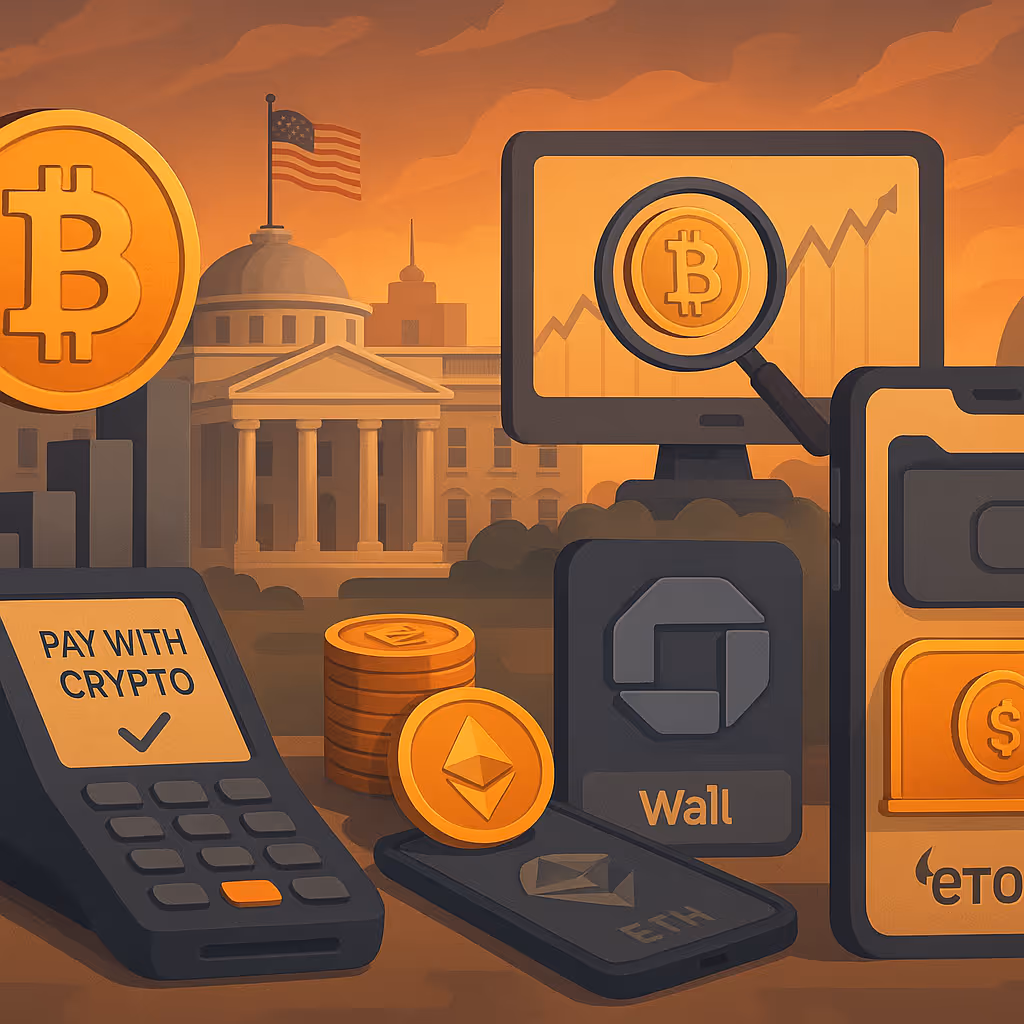 A 2D digital illustration symbolizing the current policy developments in the US, Paypal's "Pay with Crypto" programme and eToro's announcement for tokenised US stocks