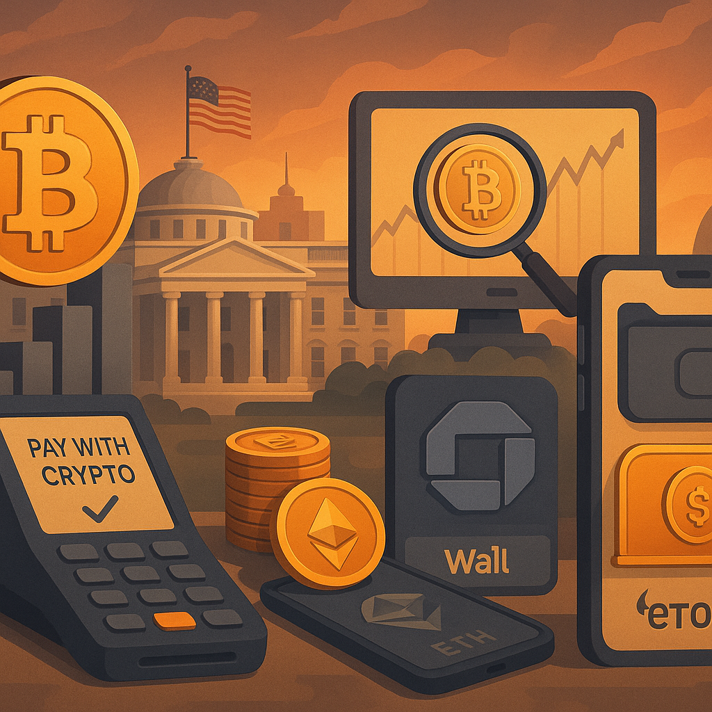 A 2D digital illustration symbolizing the current policy developments in the US, Paypal's "Pay with Crypto" programme and eToro's announcement for tokenised US stocks