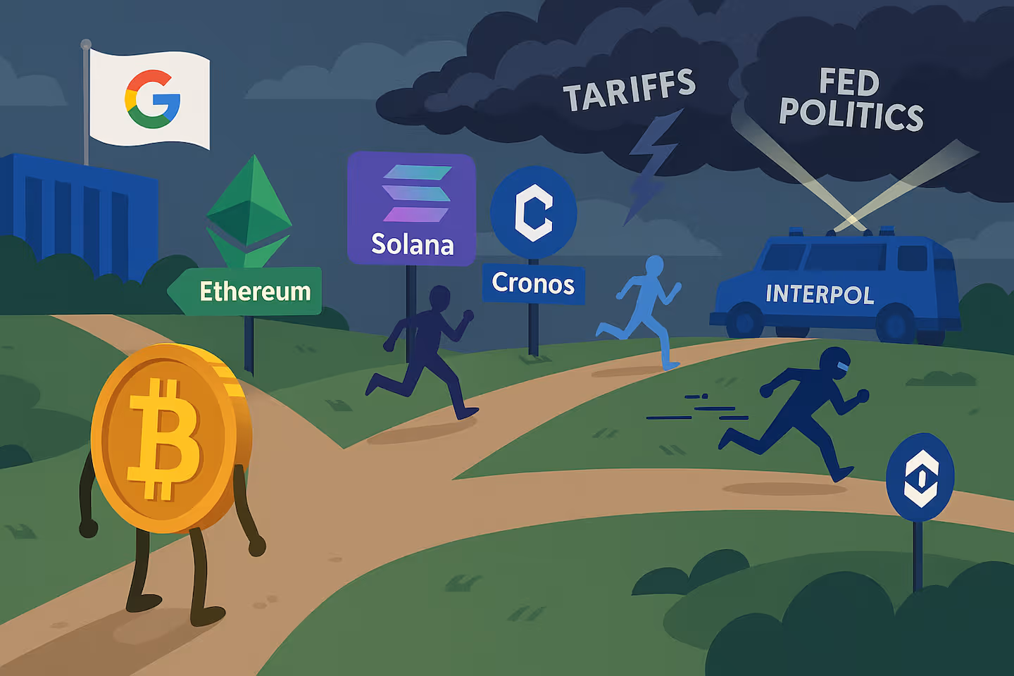 Illustration of the crypto market at a crossroads: Bitcoin hesitates at a fork in the road, while Ethereum, Solana, and Cronos sprint ahead. In the background, Google unveils a blockchain flag, Interpol shines searchlights in a crackdown, and storm clouds represent tariffs and Fed politics.