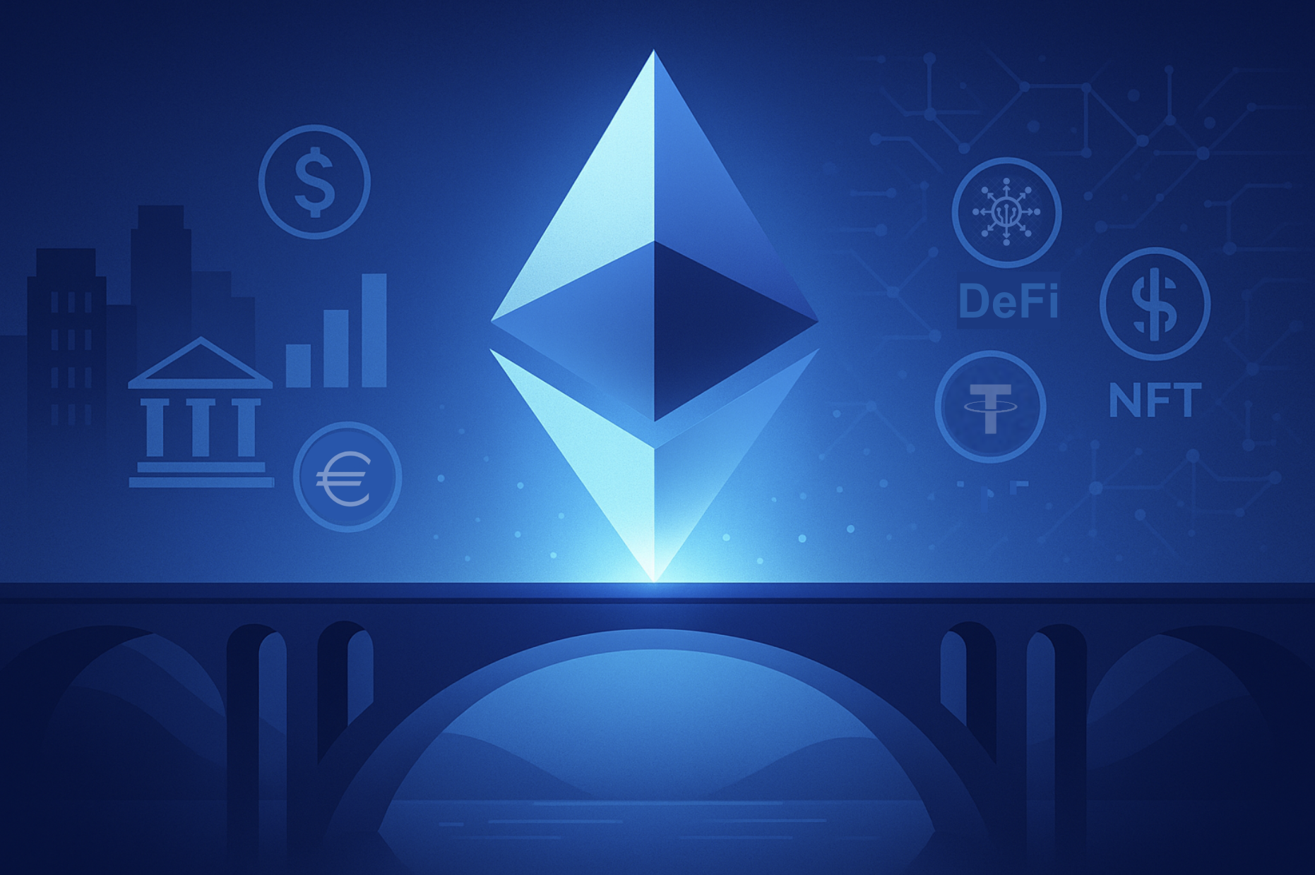 Digital illustration showing Ethereum’s logo as a glowing bridge. On the left: icons for traditional finance including a bank building, stock chart, and fiat currency symbols. On the right: crypto-native elements including DeFi, NFTs, and digital tokens. The Ethereum logo connects both worlds, symbolizing its role as a settlement layer between traditional and decentralized finance.