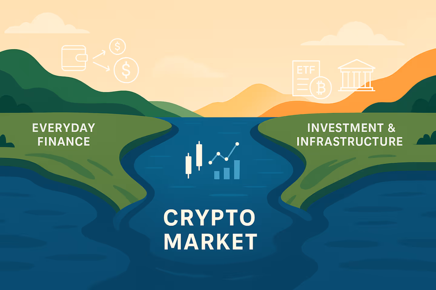 Illustration of two rivers merging into a central lake labeled “Crypto Market.” The left river, titled “Everyday Finance,” shows icons for remittances, mobile wallets, and stablecoins. The right river, titled “Investment & Infrastructure,” features icons for ETFs, banks, and corporate finance. At the confluence, financial chart symbols represent price discovery, symbolizing how grassroots and investment-driven adoption converge in the crypto market.