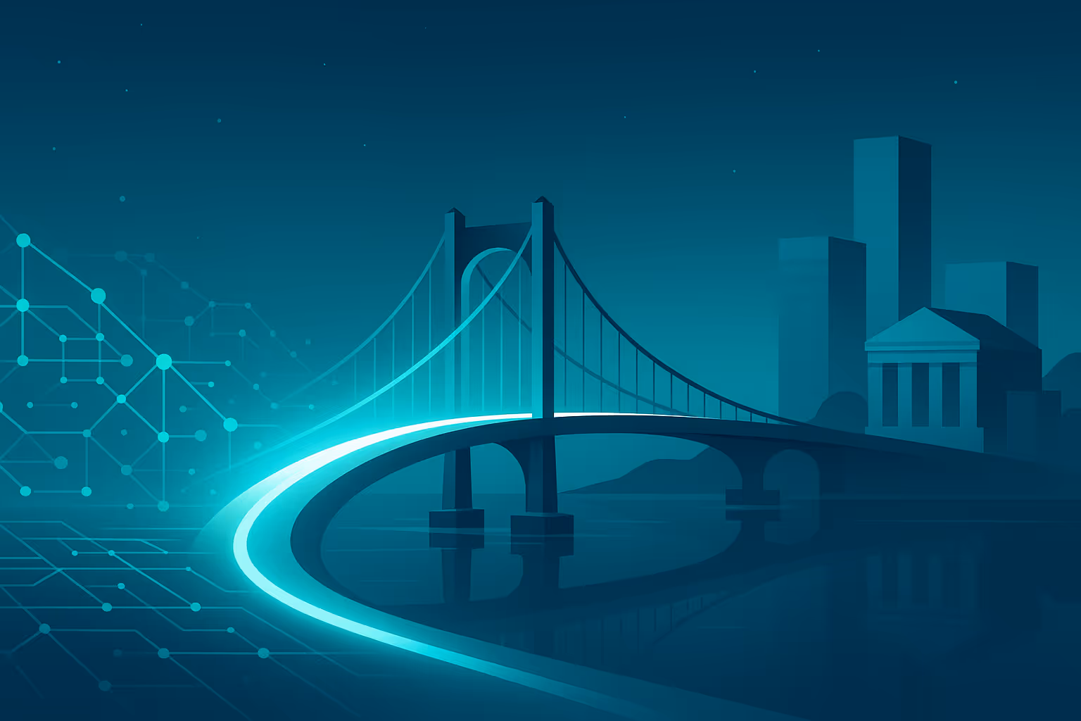 Abstract bridge connecting digital networks to traditional finance, symbolising the FCA’s efforts to align crypto regulation with institutional standards