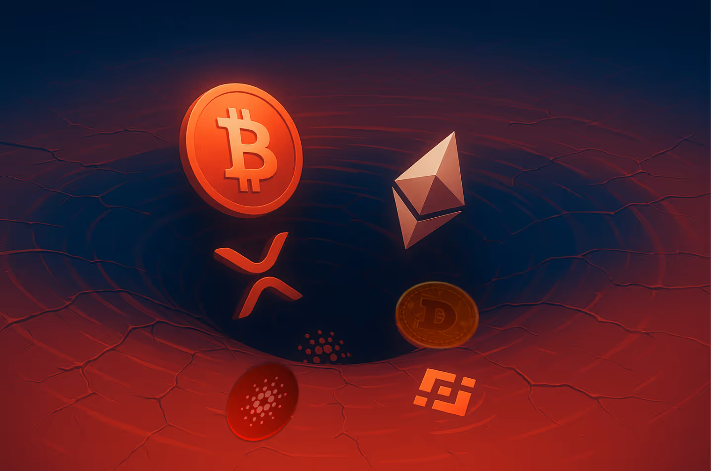 Bitcoin and Ethereum near the rim of a red whirlpool as altcoins sink deeper, symbolizing the liquidity drain after Trump’s tariff shock