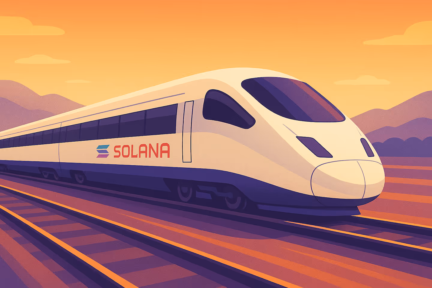 A Solana-branded high-speed train racing through a stylized landscape at sunset, symbolizing Solana’s speed, resilience, and momentum in 2025.