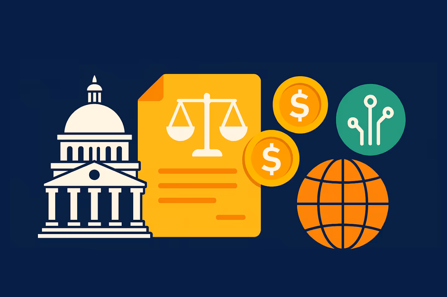 Conceptual illustration of U.S. stablecoin regulation: the Capitol building, legal document, and digital dollar coins symbolizing the GENIUS Act’s impact on global finance.