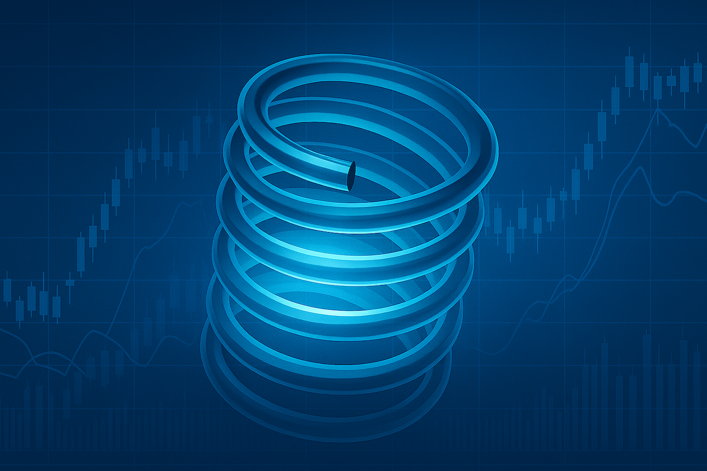 A glowing blue coiled spring set against a background of faint candlestick and line charts, symbolizing compressed volatility and balanced tension across global markets and digital assets.
