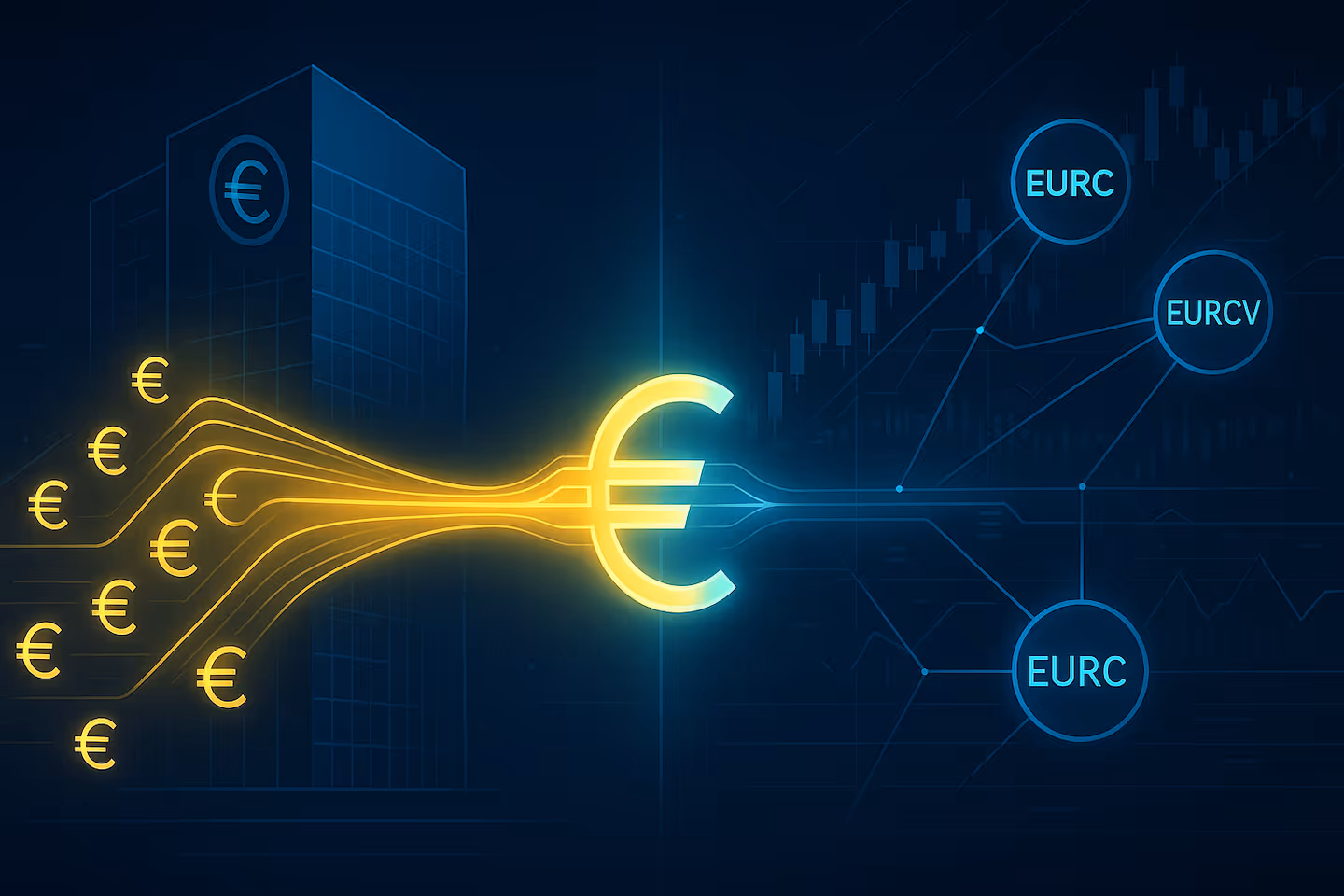 Illustration showing the Digital Euro and MiCA-regulated stablecoins converging into a single liquidity bridge, symbolizing Europe’s digital sovereignty.