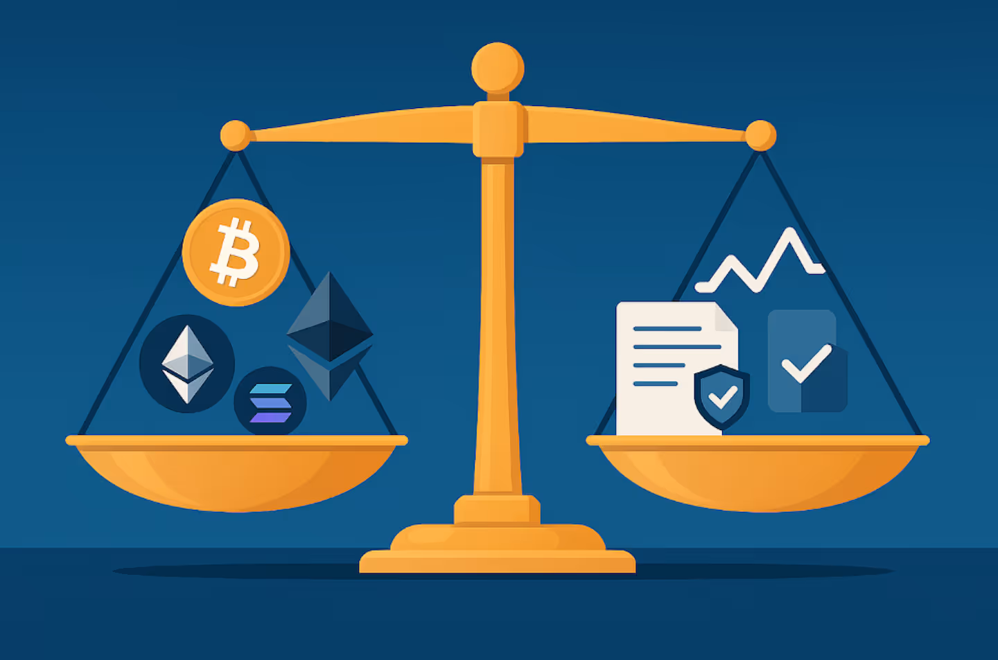A golden balance scale with Bitcoin, Ethereum, Solana, and a stablecoin symbol on one side, weighed against icons for volatility, regulation, and slippage on the other, illustrating the challenges and opportunities of digital asset treasuries.