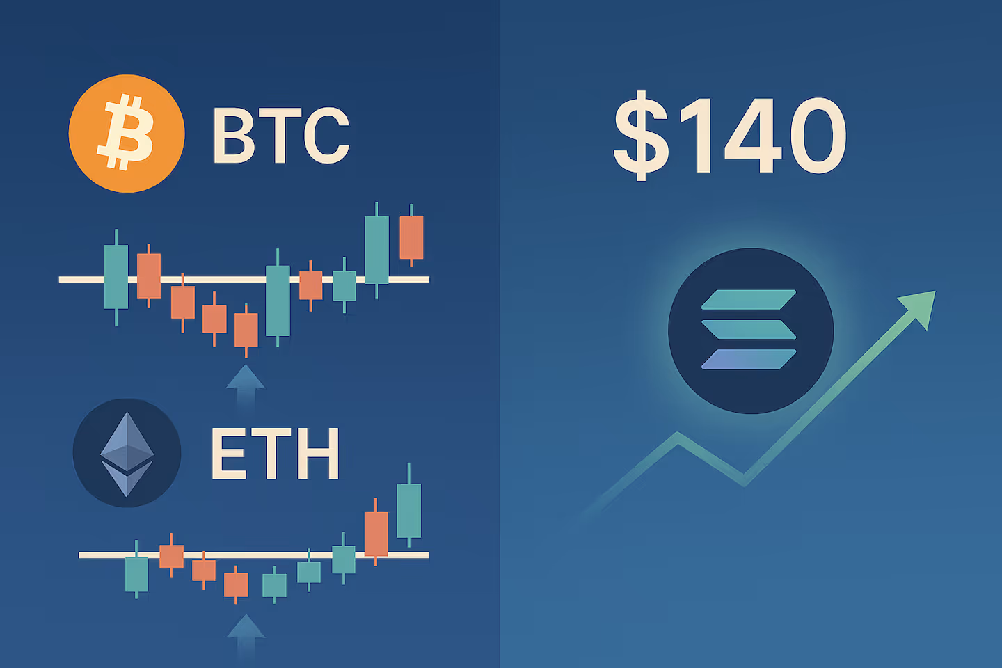 A split-screen crypto illustration showing BTC and ETH range-bound candlesticks on the left and SOL rising toward $140 on the right.