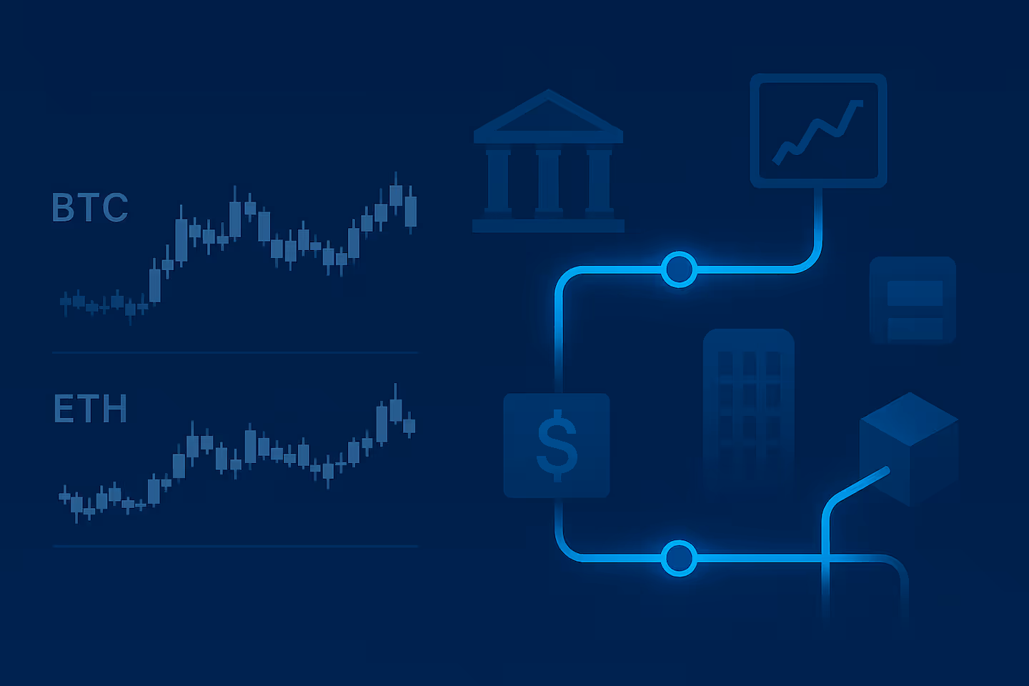 Illustration showing Bitcoin and Ethereum prices moving sideways in the foreground, while institutional crypto infrastructure—tokenized funds, stablecoin rails and financial market plumbing—continues to expand in the background.