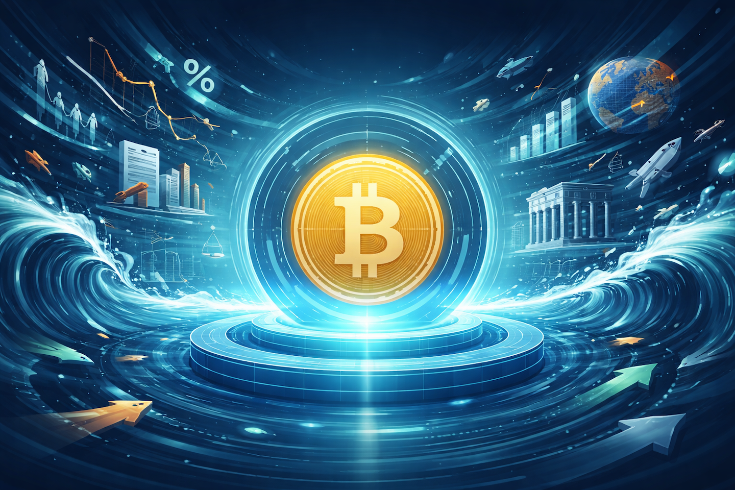 Illustration showing Bitcoin remaining stable at the center of crypto markets while geopolitical, regulatory, and macro forces create volatility at the edges.