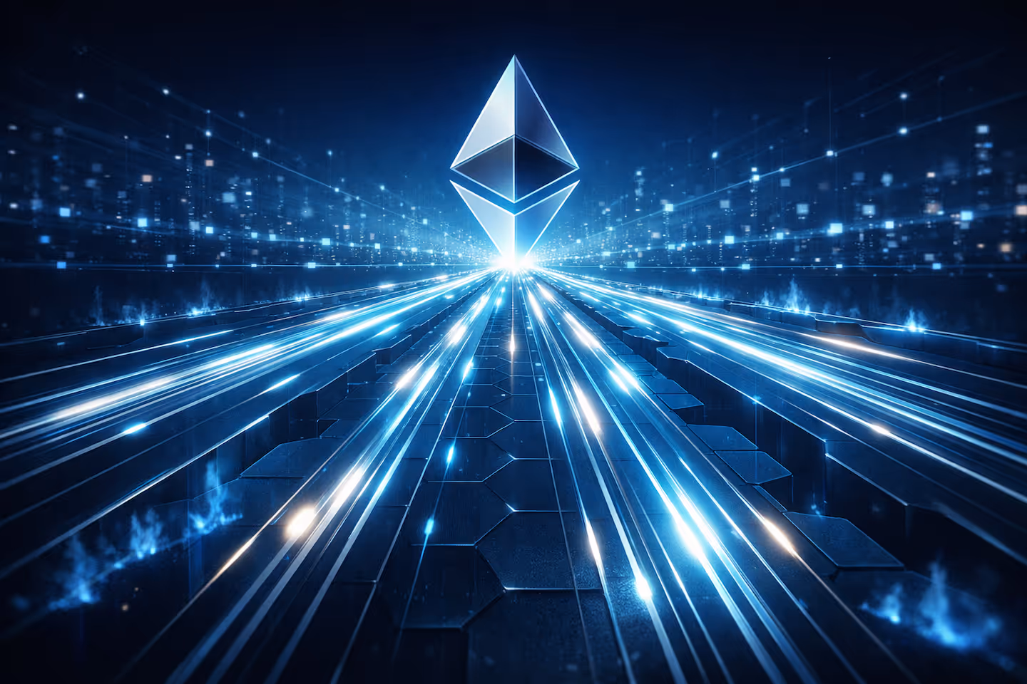 Abstract illustration of Ethereum as a digital superhighway, with dense transaction flows moving smoothly across a scalable blockchain and minimal gas fee pressure.