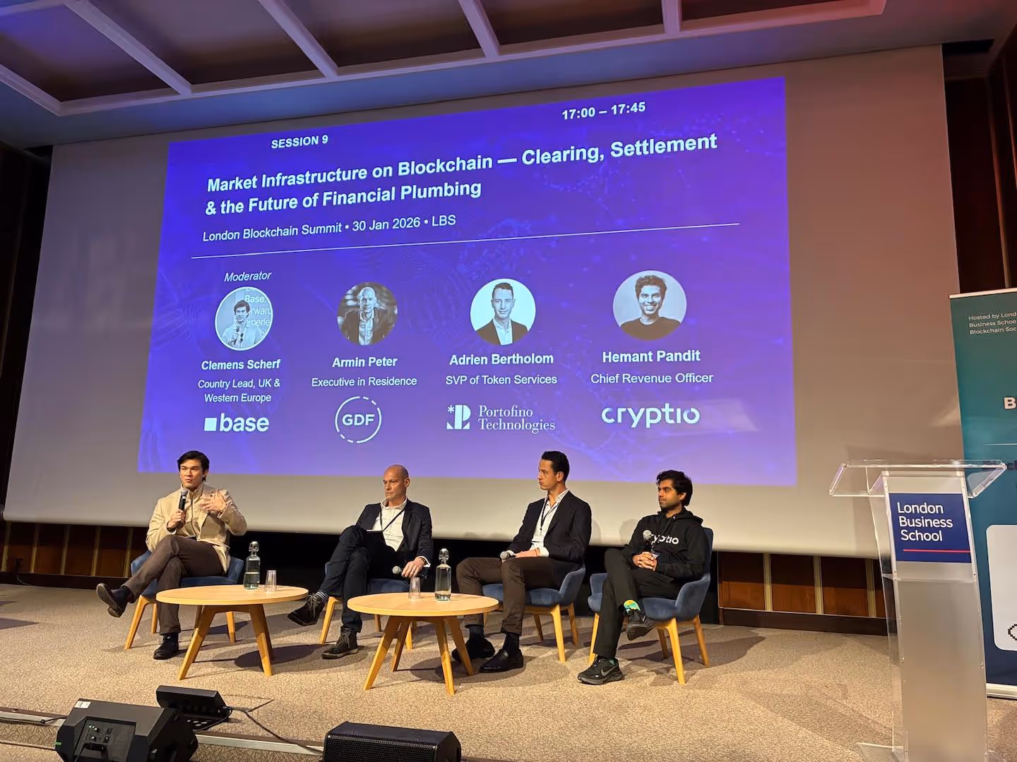 Panel on blockchain market infrastructure at London Business School, featuring clearing and settlement experts