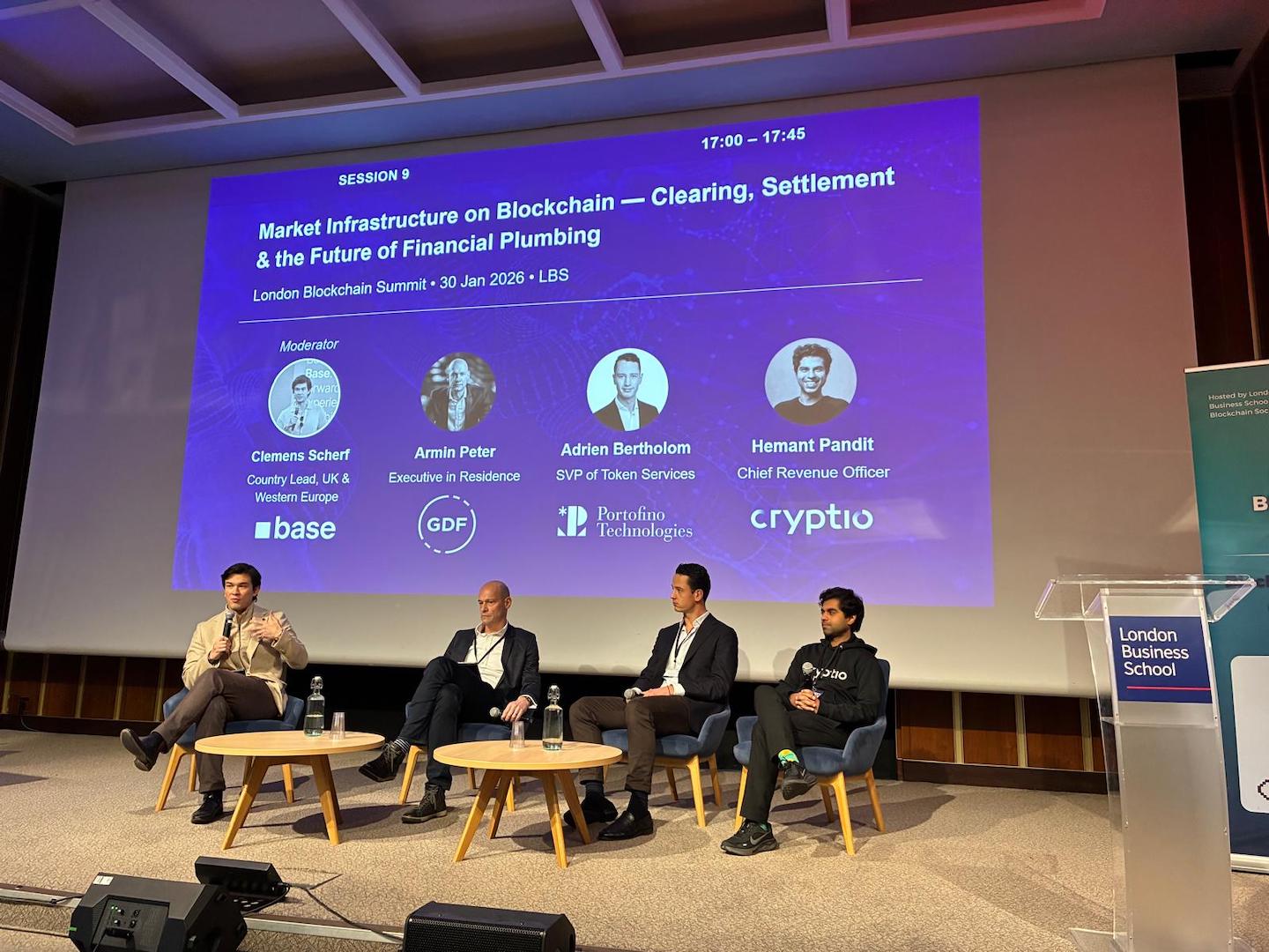 Panel on blockchain market infrastructure at London Business School, featuring clearing and settlement experts