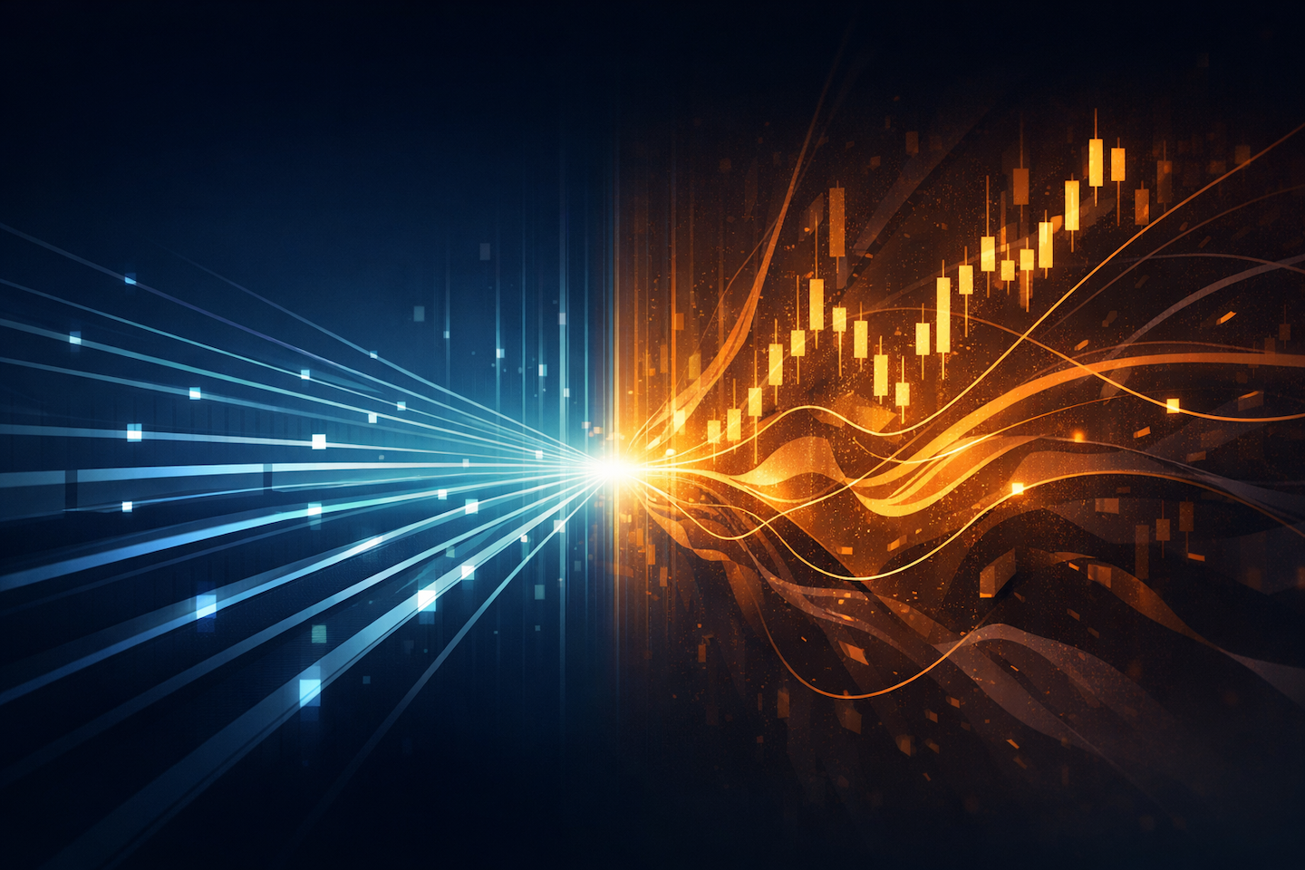 Abstract illustration showing regulated financial rails intersecting with volatile crypto market dynamics.