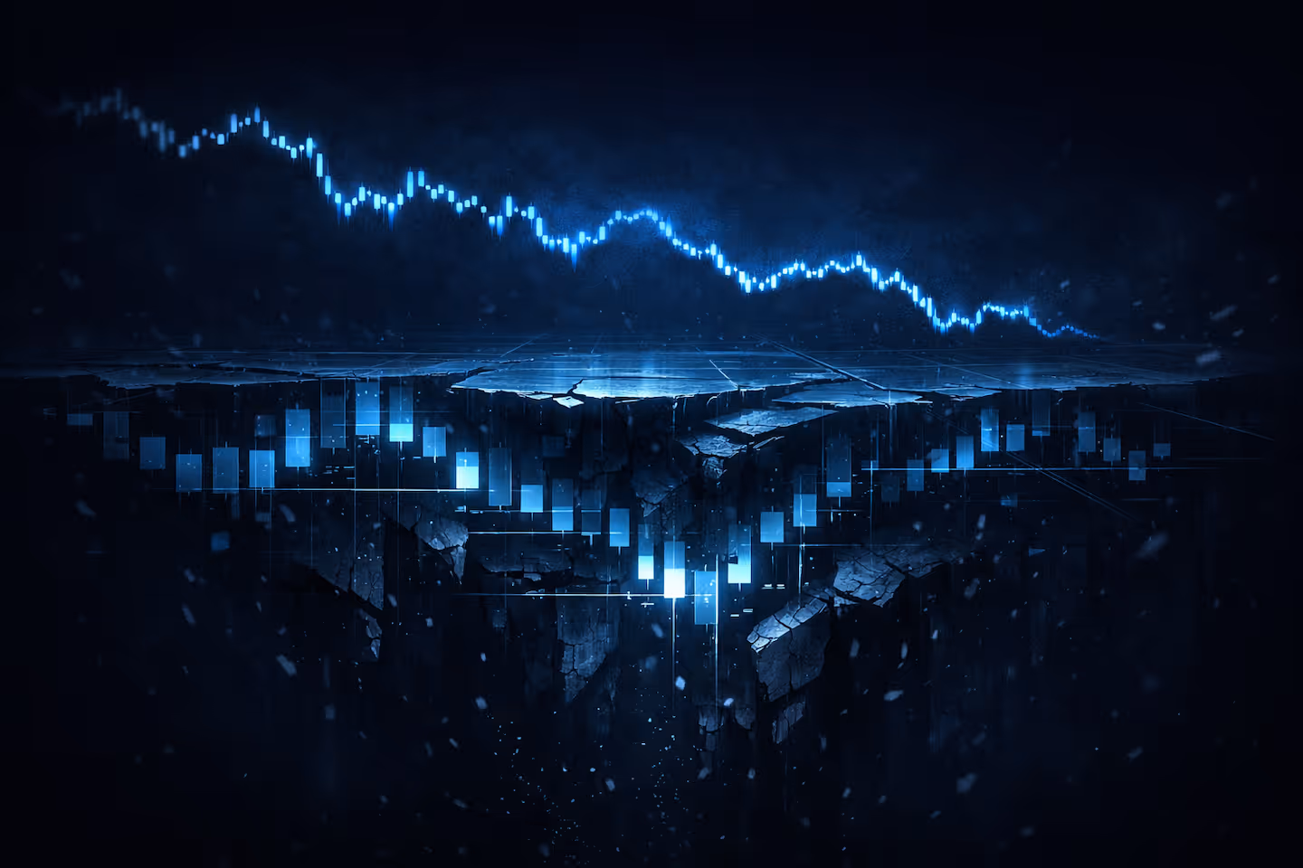 Dark crypto market illustration showing Bitcoin price above fractured, thinning liquidity during a market crash.