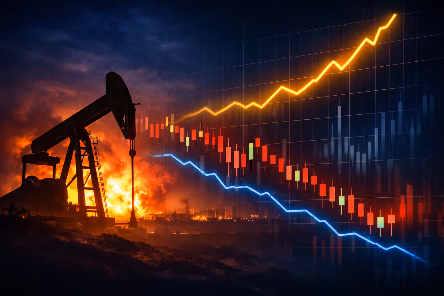 Silhouetted oil pump jack against a fiery industrial skyline with rising oil price line and falling red candlestick chart overlay, illustrating geopolitical energy shock and crypto market volatility.