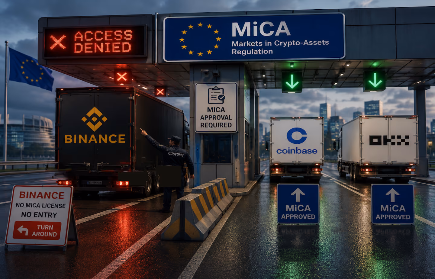 Illustration of a European regulatory checkpoint where a Binance-branded truck is stopped at a MiCA border control while other crypto service providers continue through, representing the impact of Europe's new crypto regulations.