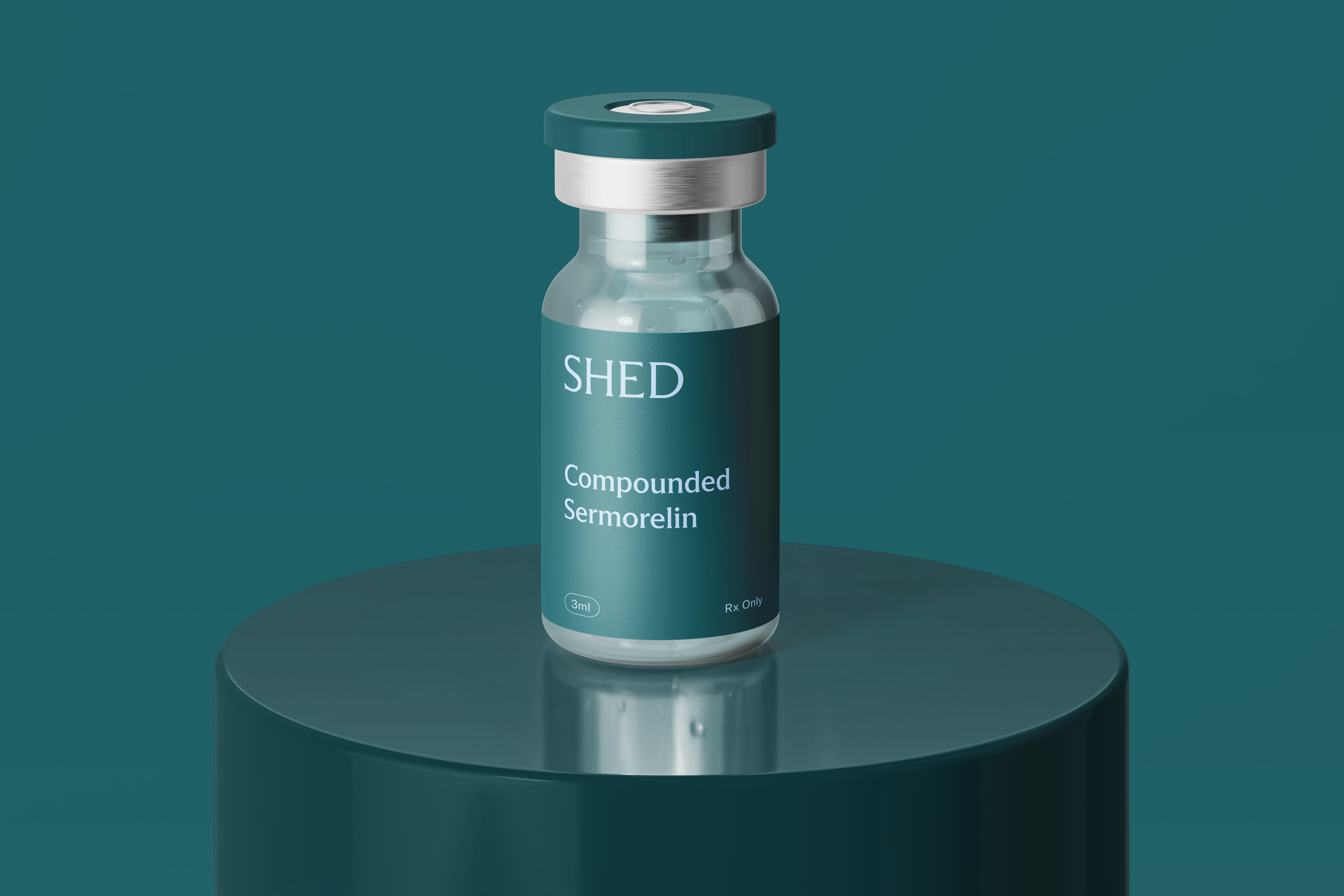 Medication vial labeled "Compounded Semorelin" on round table