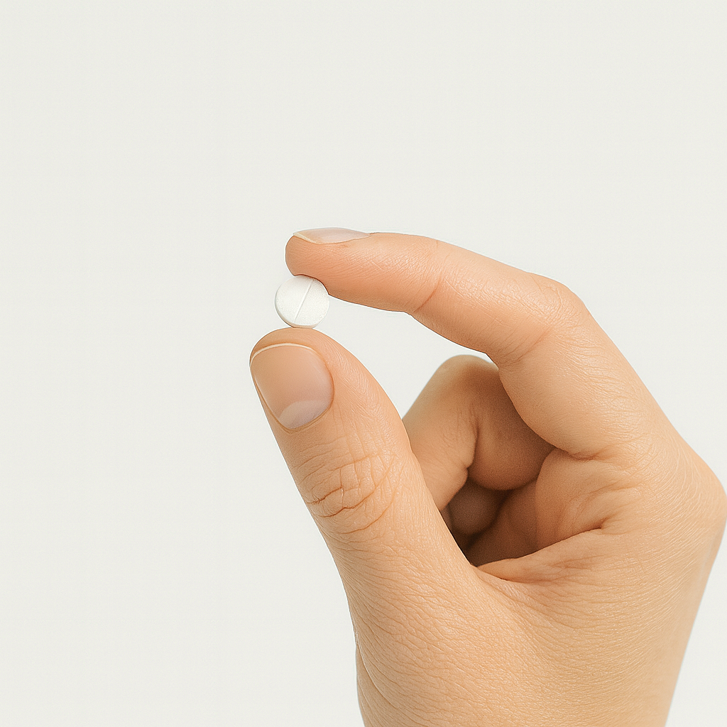 Hand holding a white pill between two fingers